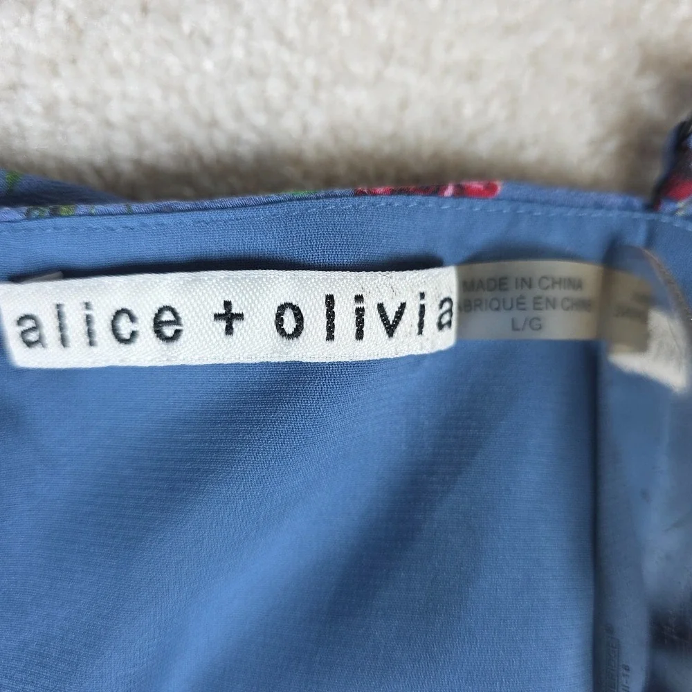 Alice + Olivia Silk Floral Mini‎ Dress Womens Large Blue Ruffle Spaghetti Strap